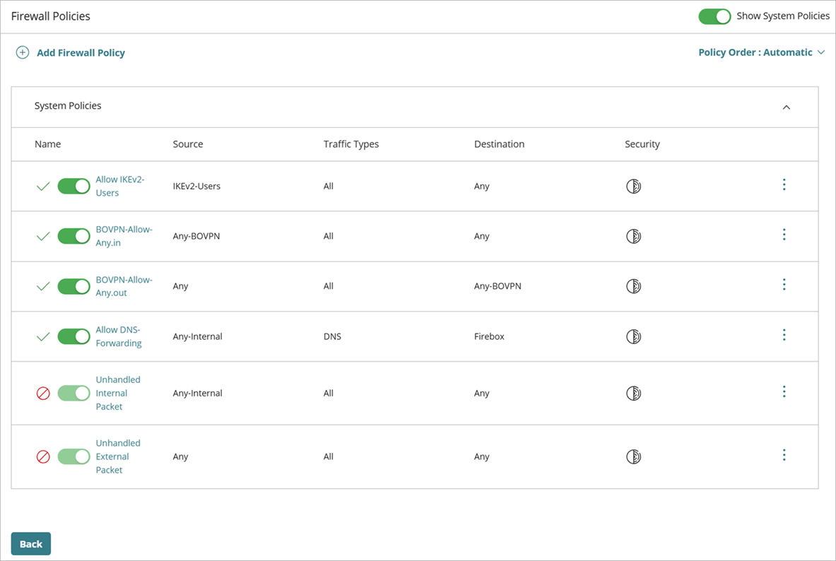 Screen shot of the low-priority System Policies list