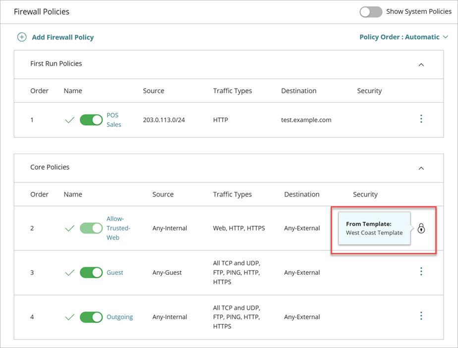 Screenshot of the Firewall Policies page with a policy inherited from a Firebox template