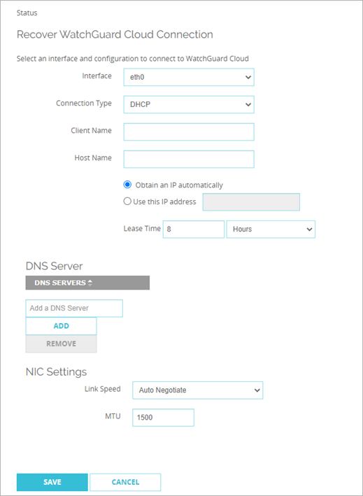 Screen shot of the Recover WatchGuard Cloud Connection settings