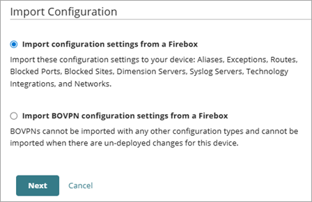Screenshot of the Import Configuration wizard selection page