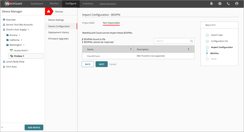 Screenshot of the Not Importable BOVPN UI