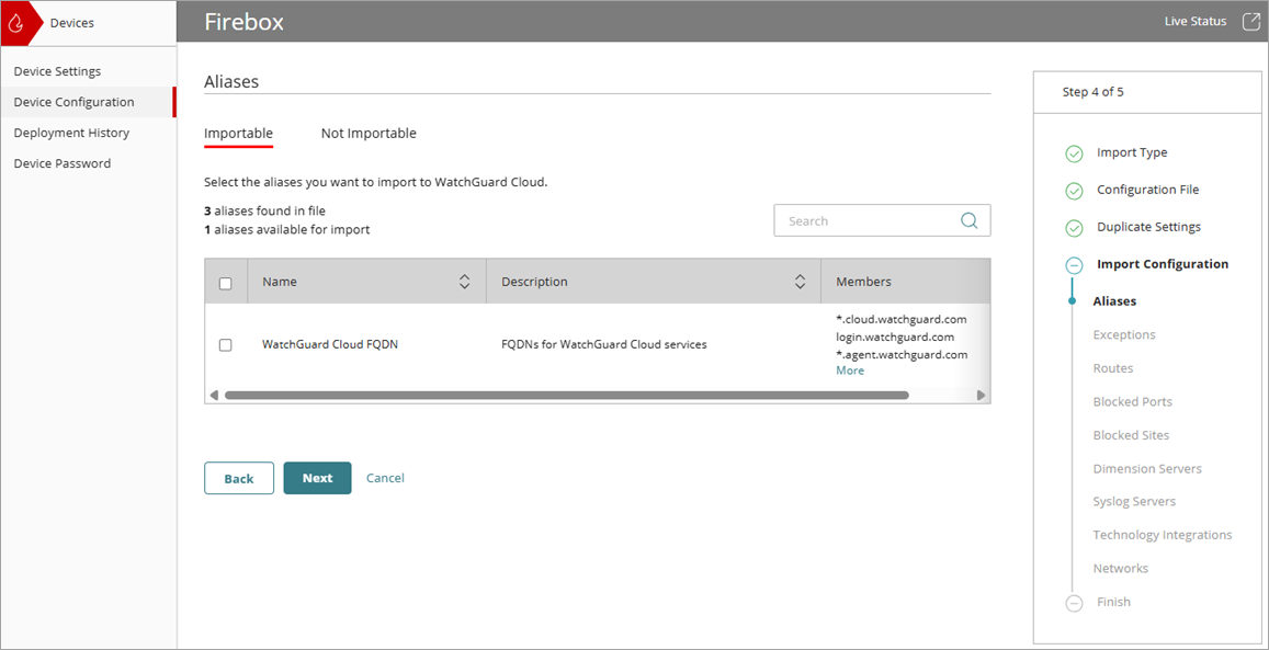 Screenshot of the Import Configuration wizard, Aliases page