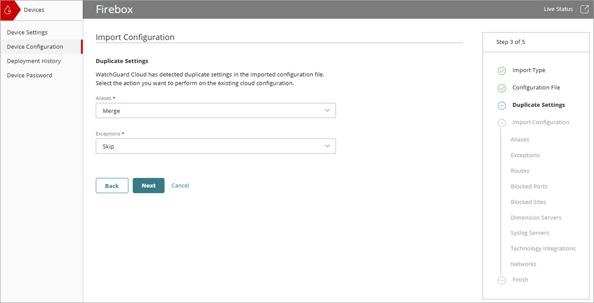 Screenshot of the Import Configuration UI