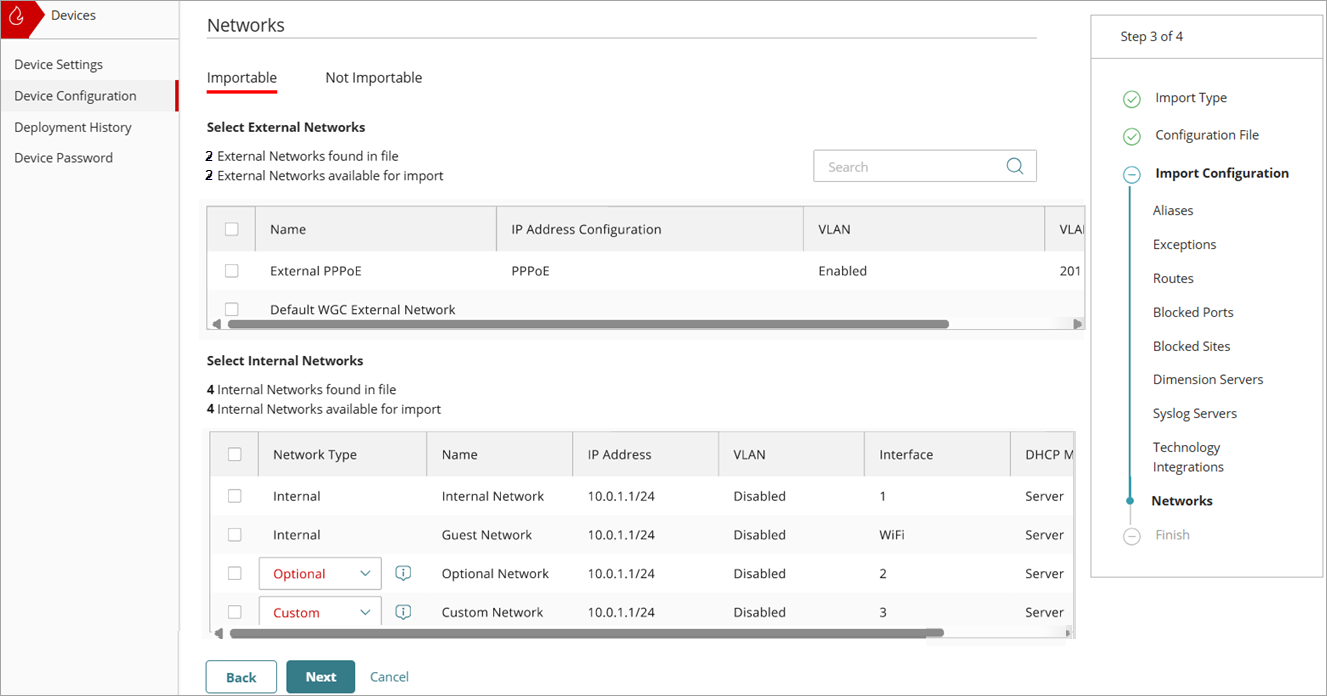 Screenshot of the Import Configuration wizard, Networks page