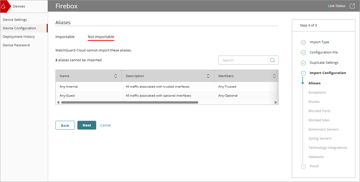 Screenshot of the Import Configuration wizard, Not Importable tab