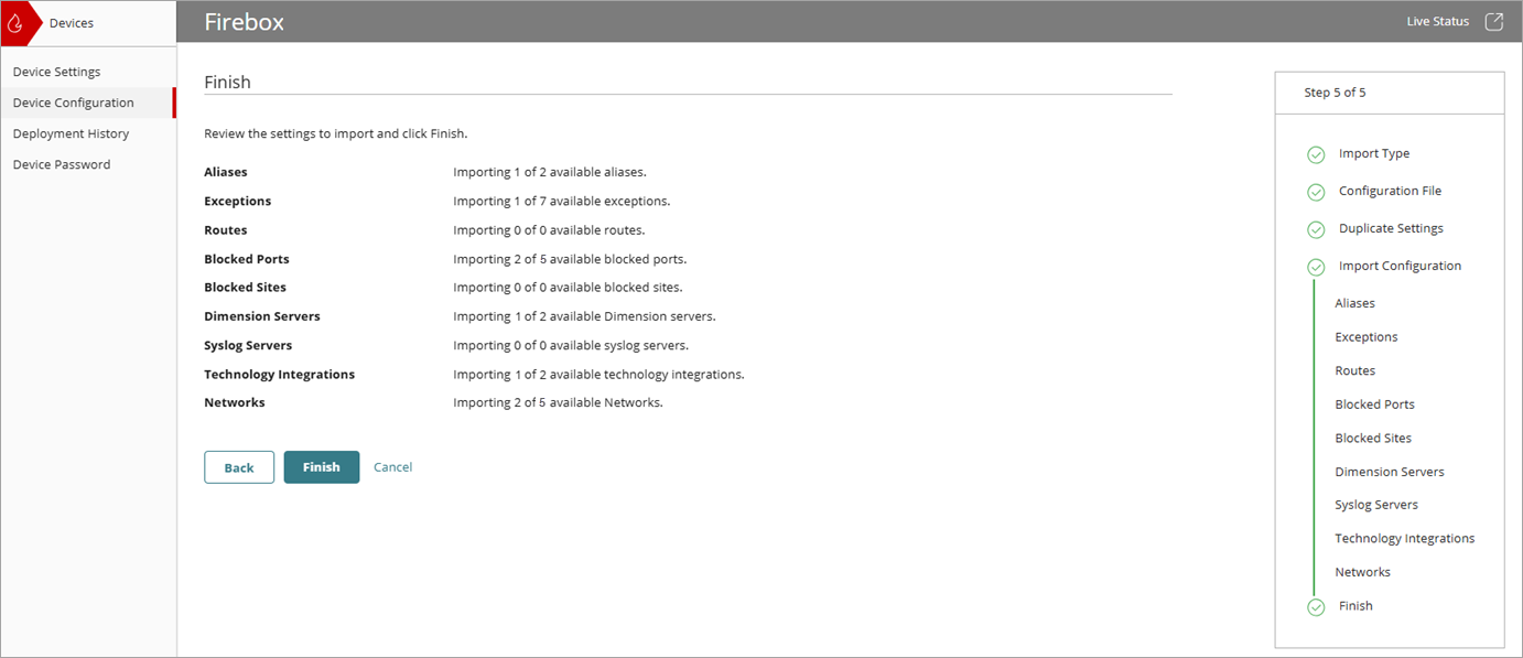 Screenshot of the Import Configuration wizard, Finish page