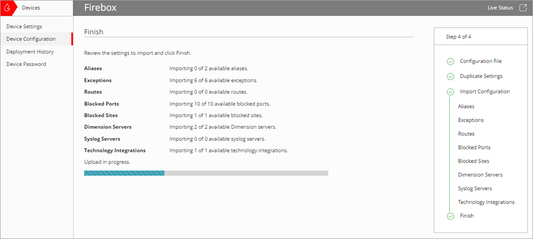 Screenshot of the Import Configuration wizard, Upload in Progress bar