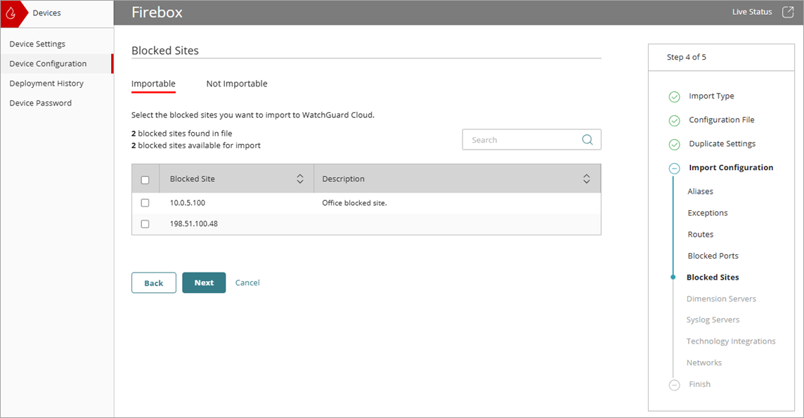 Screenshot of the Import Configuration wizard, Blocked Sites page