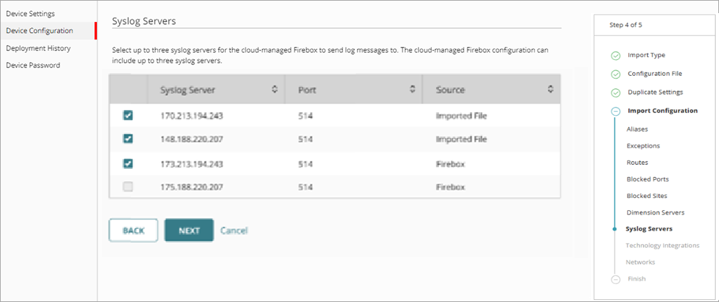 Screenshot of the Import Configuration wizard, Syslog Servers page