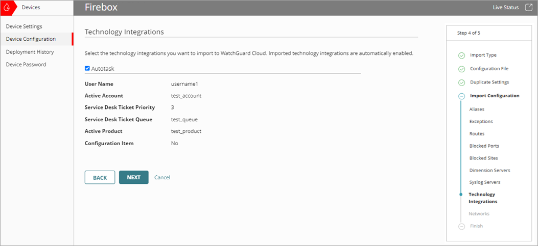 Screenshot of the Import Configuration wizard, Technology Integrations page