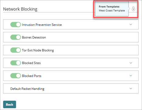 Screenshot of the template lock icon and tooltip on the Network Blocking page