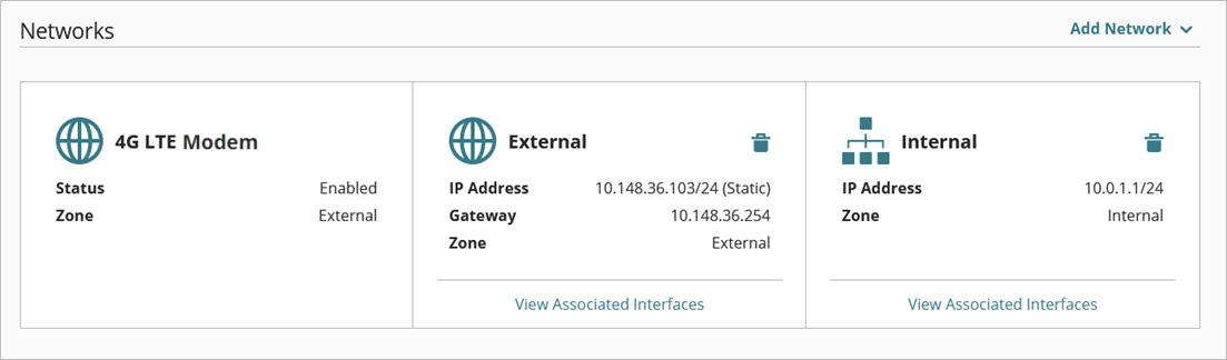 Screen shot of the Networks tiles with LTE on the Networks configuration page