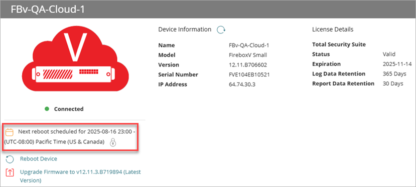 Screenshot of Device Settings with recurring reboot scheduled. Shows lock icon and popover that shows where the recurring reboot is configured.