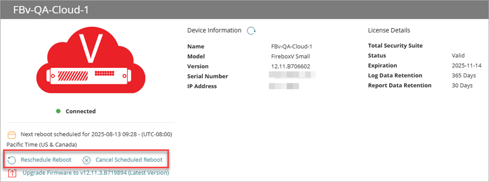 Screenshot of the Device Settings page with a one-time reboot scheduled. Shows Reschedule Reboot and Cancel Scheduled Reboot options.