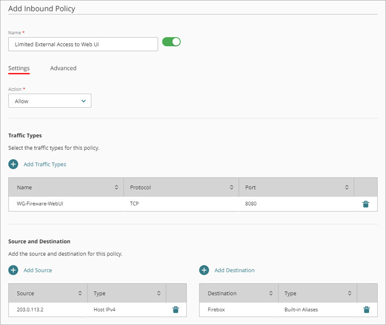Screenshot of the inbound policy page in WatchGuard Cloud