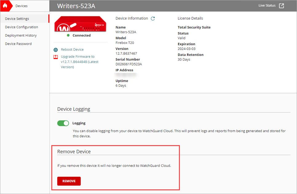 Screenshot of the Remove Device option