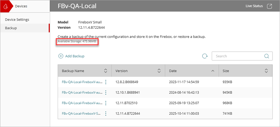 Screen shot of the Backup page available storage