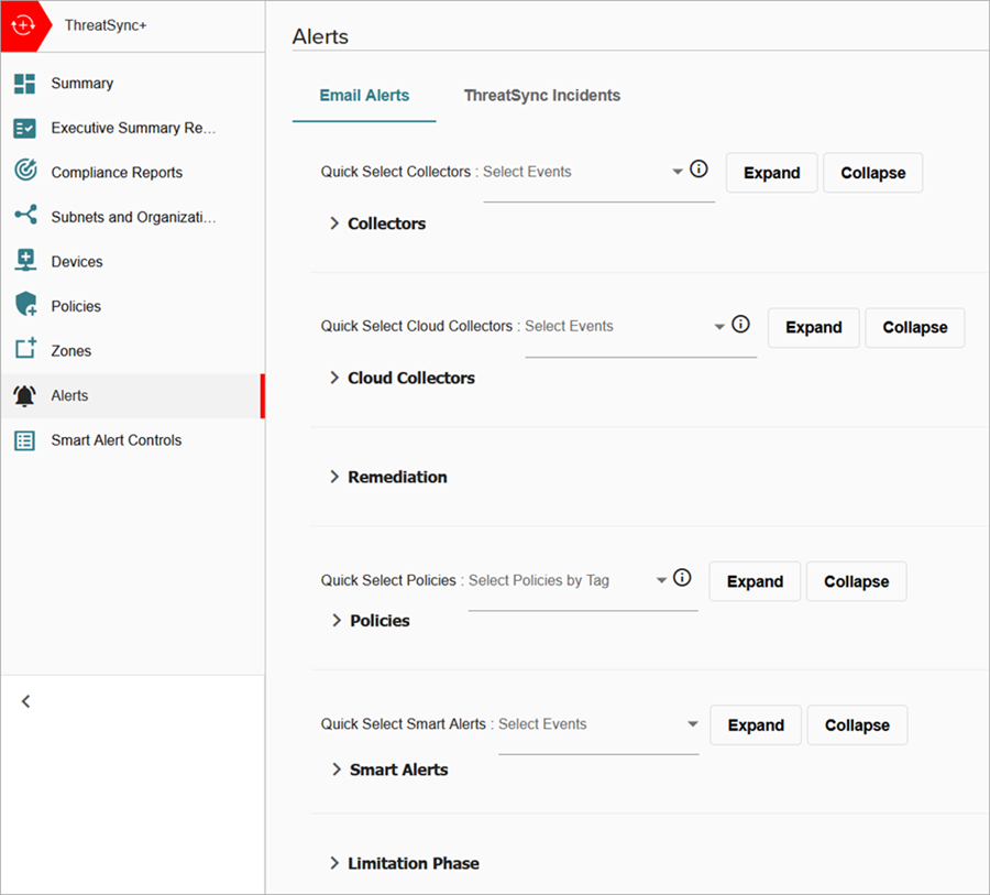 Screenshot of the Alerts page in the Configure menu in ThreatSync+ NDR