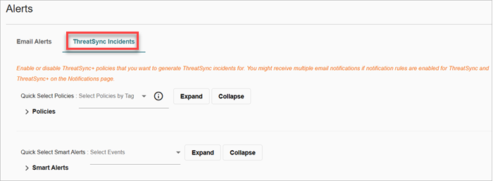 Screenshot of the ThreatSync tab on the Alerts page