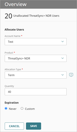 Screenshot of the ThreatSync+ NDR Allocate Users Overview page in WatchGuard Cloud