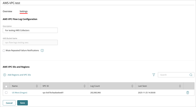 Screenshot of the AWS VPC integration details after a successful cloud integration with ThreatSync+ NDR, Settings tab