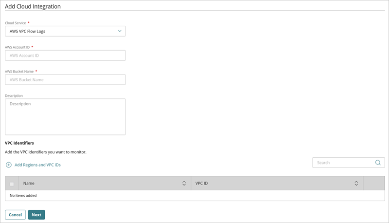 Screenshot of the Add Cloud Integration page for AWS VPC Flow Logs in the ThreatSync+ Integrations UI