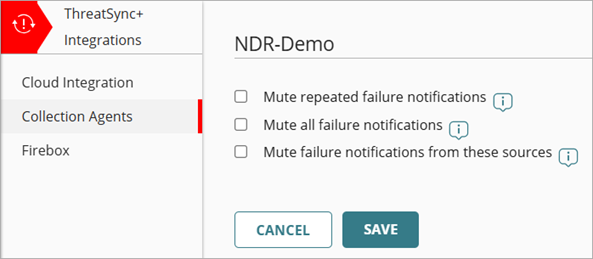Screenshot of the mute notifications option on the Edit ThreatSync+ NDR Collection Agents page
