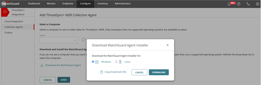 Screenshot of the Add ThreatSync+ NDR Collection Agent page that shows the Windows installer option