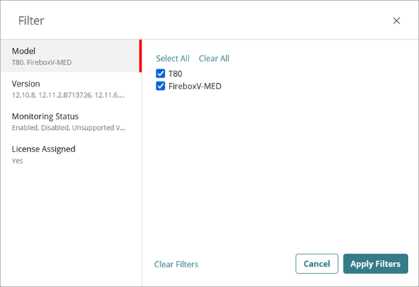 Screenshot of the Filter dialog box on the Firebox Monitoring page