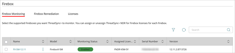 Screenshot of an enabled Firebox for ThreatSync+ NDR monitoring