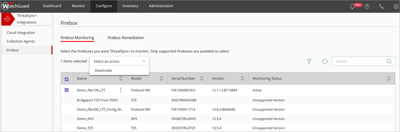 Screenshot of the Firebox page in the ThreatSync+ Integrations UI