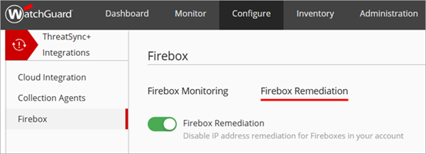 Screenshot of the Firebox page, Firebox Remediation tab, in the ThreatSync+ Integrations UI