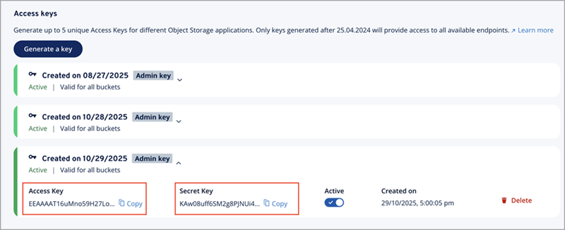 Screenshot of the Access Key and Secret Keys created in IONOS Cloud