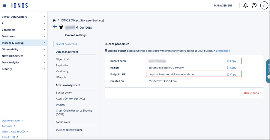 Screenshot of the Bucket Settings in IONOS Cloud
