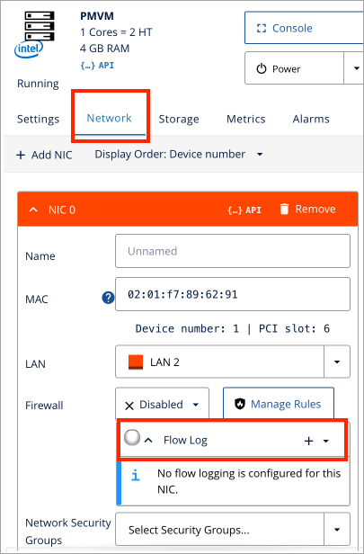 Screenshot of the Network tab, Flow Log option in the Data Center section