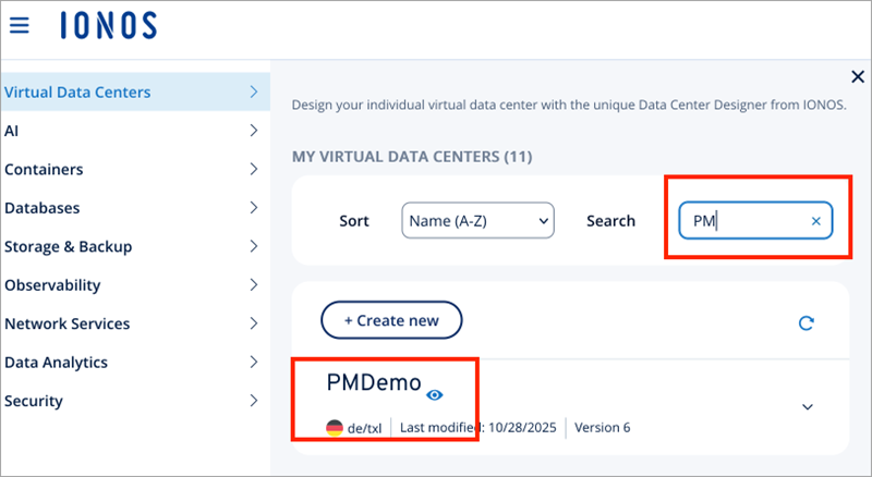 Screenshot of the Virtual Data Centers page in IONOS Cloud