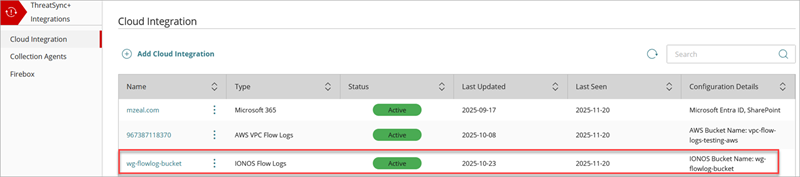 Screenshot of a successful cloud integration added to ThreatSync+ NDR that shows the Active status