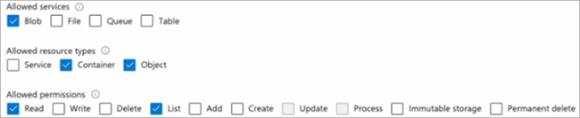 Screenshot of the required settings for the Shared Access Signature token configuration