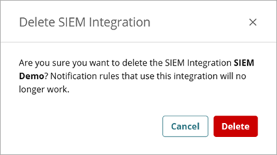 Screenshot of the Delete SIEM Integration dialog box