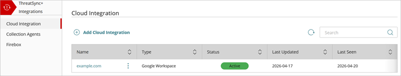 Screenshot of a successful cloud integration added to ThreatSync+ SaaS that shows the Active status