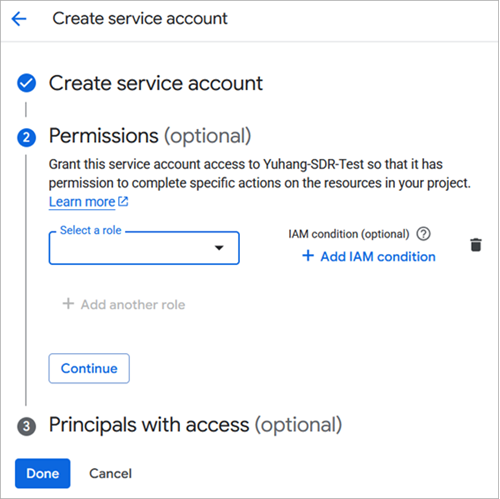 Screenshot of the Permissions section on the Create service account page