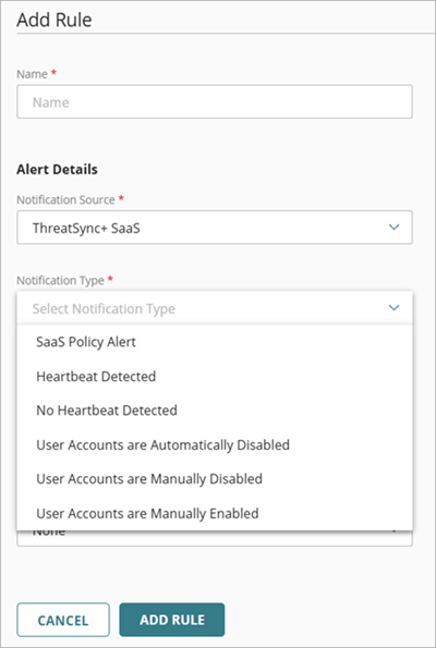 Screenshot of the Add Rule page for ThreatSync+ SaaS in WatchGuard Cloud