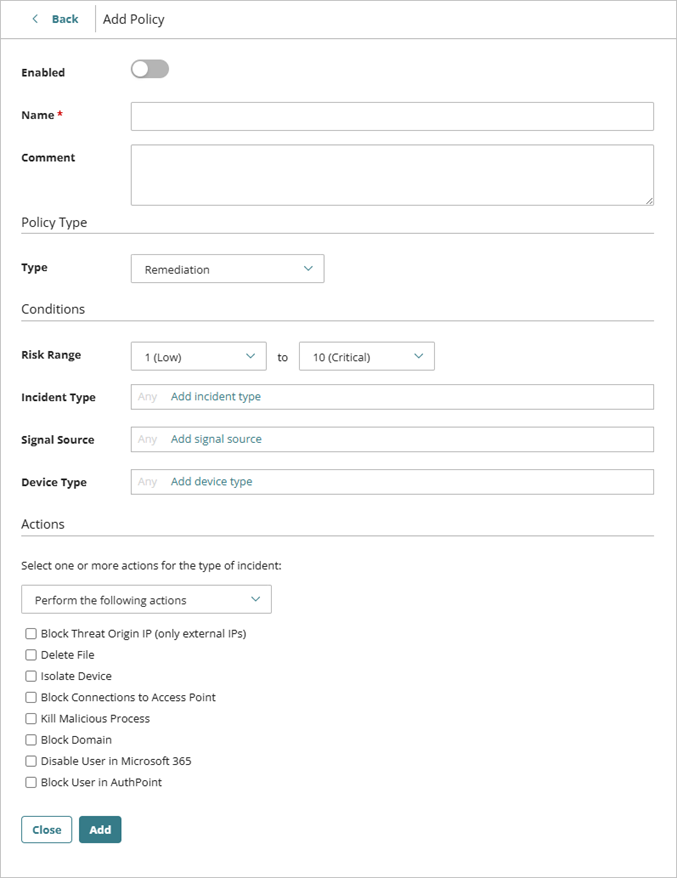 Screen shot of the Add Policy page in ThreatSync
