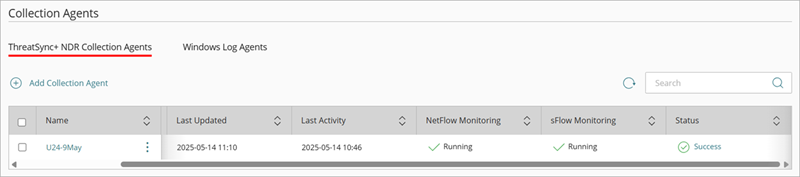 Screenshot of Configure > ThreatSync, ThreatSync+ NDR Collection Agents page