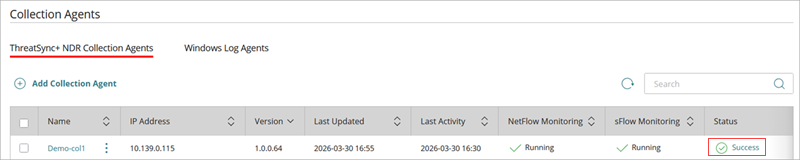 Screenshot of the Success status of the collector on the ThreatSync+ NDR Collection Agents tab