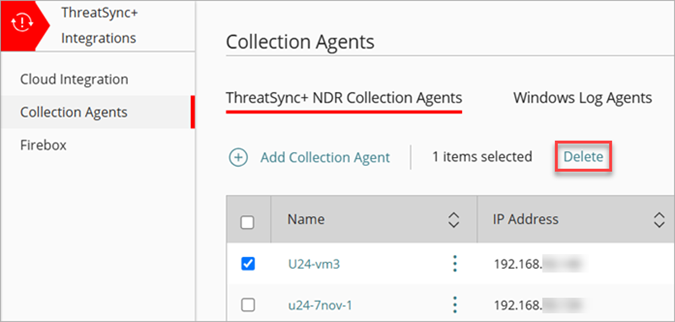 Screenshot of the Collectors page, ThreatSync+ NDR Collections Agents tab that shows the Delete option when you select a collector to be deleted