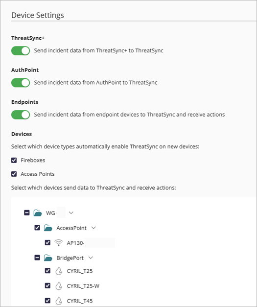 Screenshot of ThreatSync Device Settings page