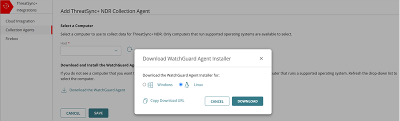 Screenshot of the Add ThreatSync+ NDR Collection Agent page that shows the Linux installer option