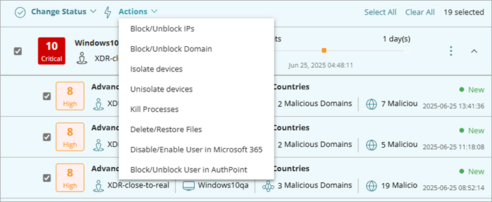 Screenshot of the Actions menu on the Endpoints page