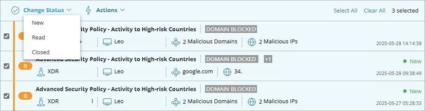 Screen shot of the Change Status menu on the Incidents page